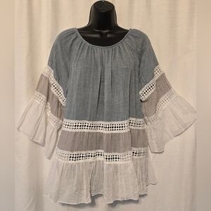 Boho Blue and White And Gray Gauze Blouse With Lace Detail Bell 3/4 Sleeves
